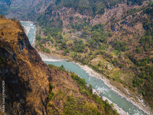 Aerial view of the Kali Gandaki river and its deep gorge near Kusma in Nepal