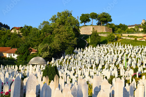 View across Kovaci Cemetery to the Yellow Bastion in Sarajevo  Bosnia Herzegovina