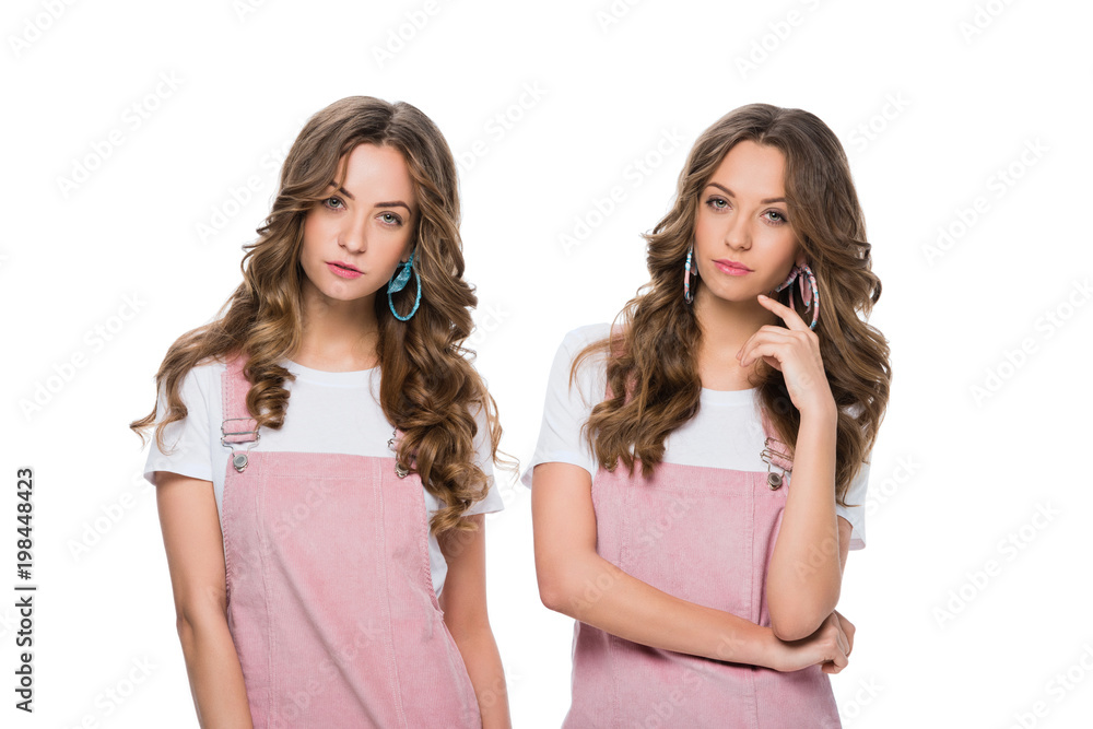 pensive beautiful young twins looking at camera isolated on white pensive beautiful young twins looking at camera isolated on white