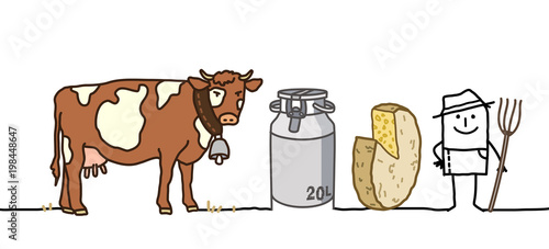 Cartoon Farmer with Cow and Cheese