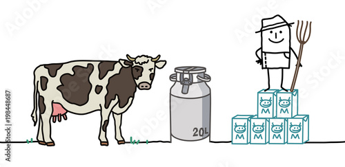 Cartoon Farmer with Cow and Milk