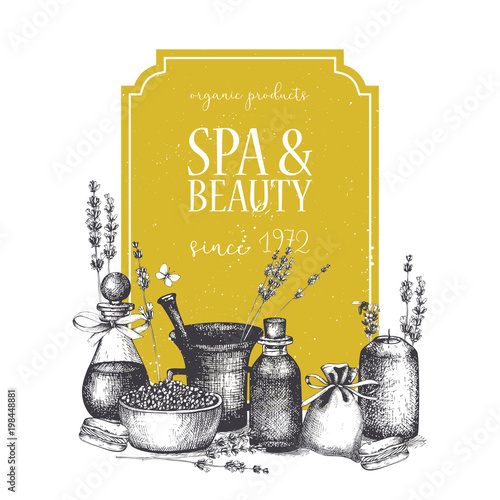 Vintage frame with hand drawn SPA and Beauty illustrations. Card or invitation design. Cosmetics and aromatic ingredients background. Vector healthy life template.