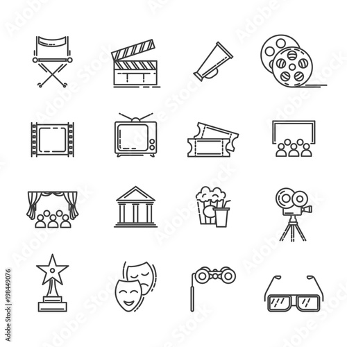 Movie and cinema vector line icons set for cinematography