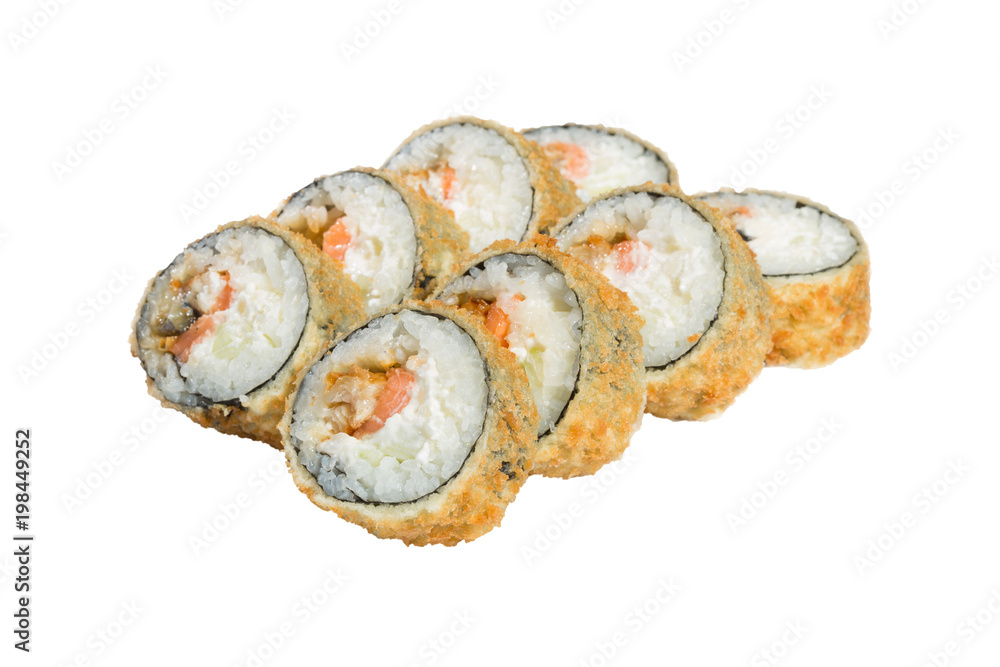 hot rolls, sushi lined on a white background, Japanese food, rice and fish, vegetables and shrimp hot rolls, sushi lined on a white background, Japanese food, rice and fish, vegetables and shrimp