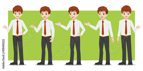 Businessman, Set of business characters young adult handsome smart guys standing flat design in front view on white colour background for presentation and explain office work,flat vector illustrator.