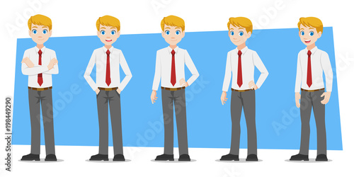 Businessman, Set of business characters young adult handsome smart guys standing flat design in front view on white and colour background for presentation and explain office work,flat vector 
