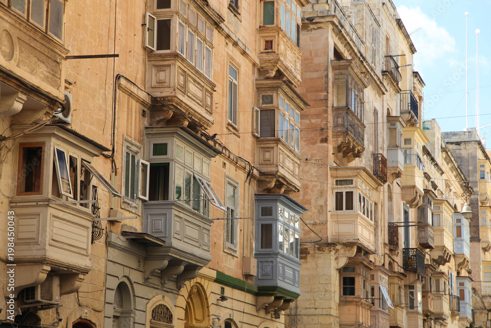 Traditional Oriel Windows in Valletta, Malta. Horizontal view.
