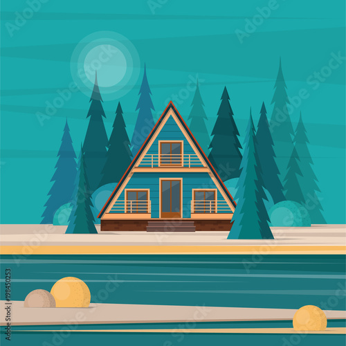 Nature landscape with secluded hut in the middle of fir forest at a lake