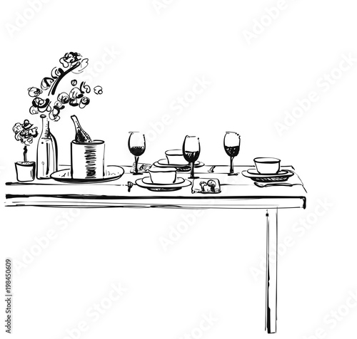 Romantic dinner with wine. Food and drink sketch. Dish in beatufull wares.