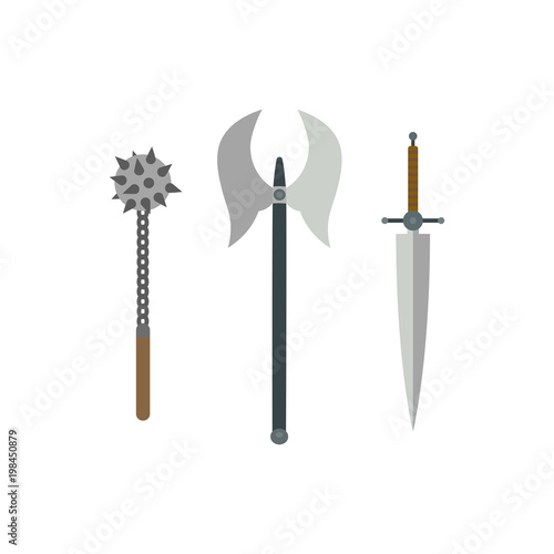 Set of different medieval weapons vector flat illustrations.