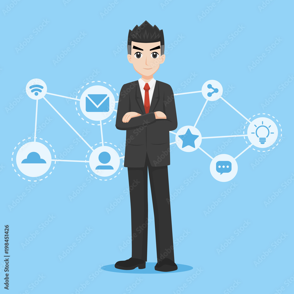 Young handsome smart businessman standing character design,dark suit in front view with virtual office social communication icons flat vector illustrator. Young handsome smart businessman standing character design,dark suit in front view with virtual office social communication icons flat vector illustrator.