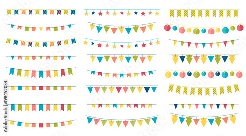Multicolored bright buntings garlands isolated on white background.