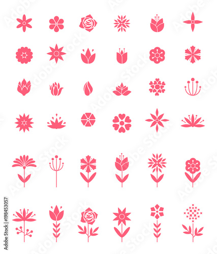 Set of flat icon flower icons in silhouette isolated on white.