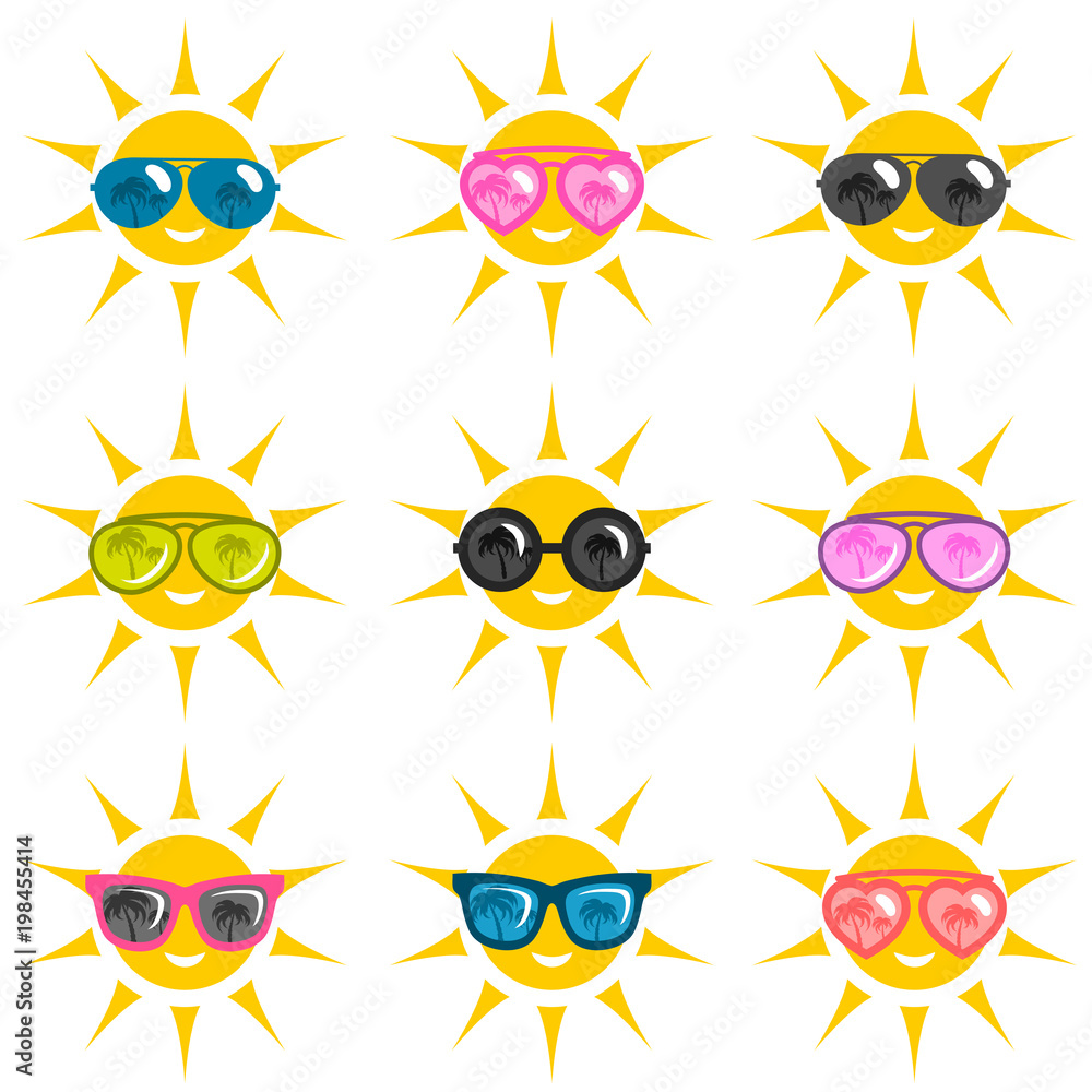 set of sun icons with sunglasses