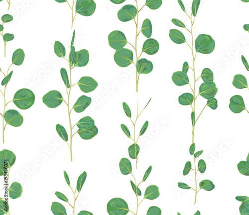 Wallpaper Mural Watercolor green floral seamless pattern with eucalyptus round leaves. Hand painted pattern with branches and leaves of silver dollar eucalyptus isolated on white background. Torontodigital.ca