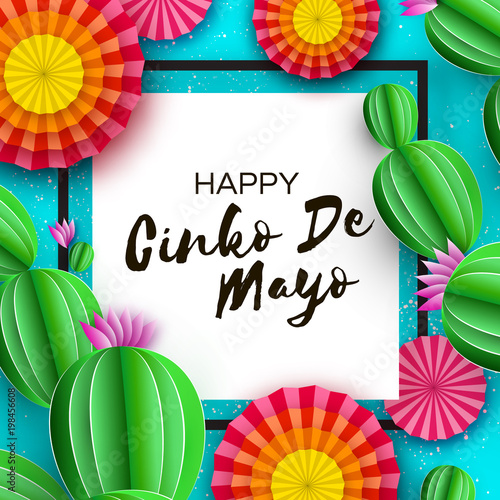 Happy Cinco de Mayo Greeting card. Colorful Paper Fan and Cactus in paper cut style. Mexico, Carnival. Square frame on blue. Space for text.