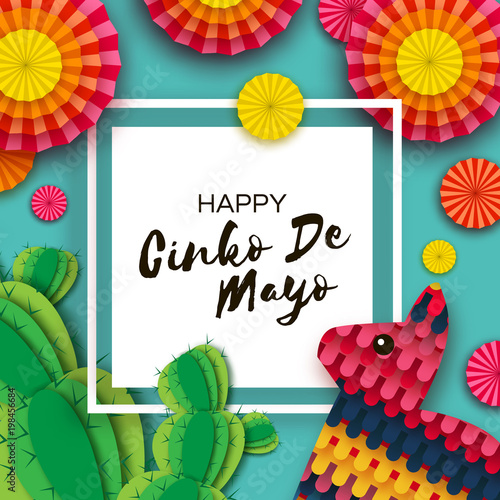 Happy Cinco de Mayo Greeting card. Colorful Paper Fan, Funny Pinata and Cactus in paper cut style. Mexico, Carnival. Square frame on blue. Space for text.