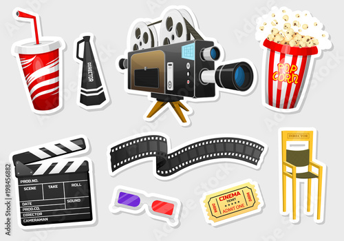 Movie stickers. Vintage cinema, entertainment and recreation with popcorn. Retro poster background. Clapperboard and camera, Filmmaking and video cassette, chair, film stock for Hollywood studio.