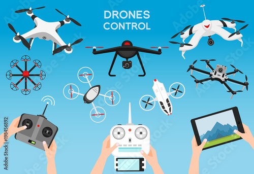 Set of modern air drones and remote control. Science and Modern technologies. Vector illustration. Radio robot or airplane with a camera in the air. Innovative systems and developments.