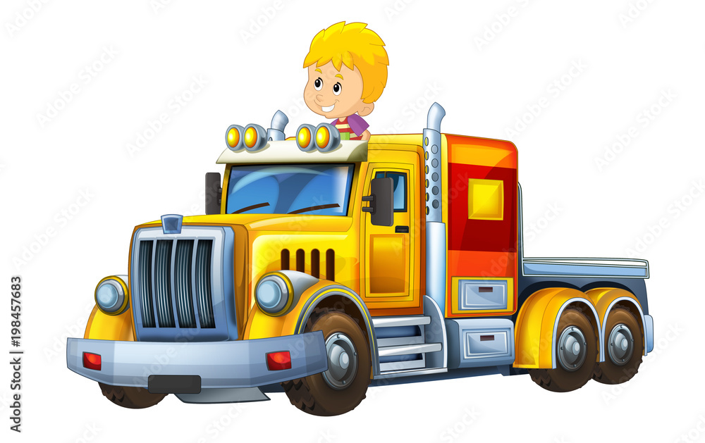 cartoon scene with happy and funny child - boy in cargo truck without trailer - illustration for children cartoon scene with happy and funny child - boy in cargo truck without trailer - illustration for children