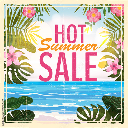 Summer sale background with tropical flowers and beach, sea. Retro, vintage. Vector background for banner, poster, flyer, card, postcard, cover, brochure.