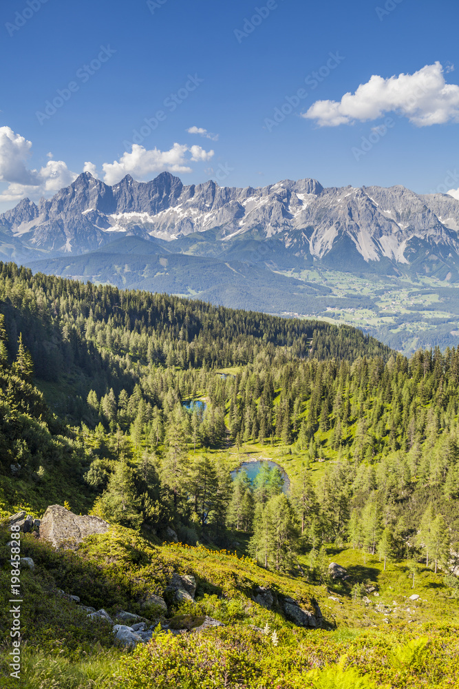 View from lake Spiegelsee to lake Untersee and mountain Dachstein