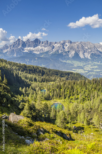View from lake Spiegelsee to lake Untersee and mountain Dachstein