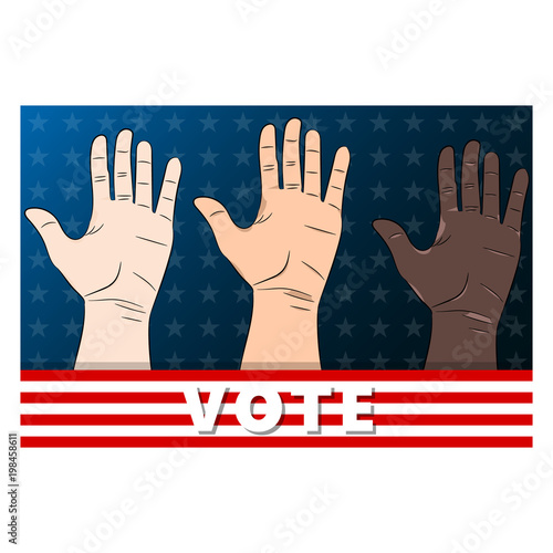 Three hands voting.Hand palms of different races.