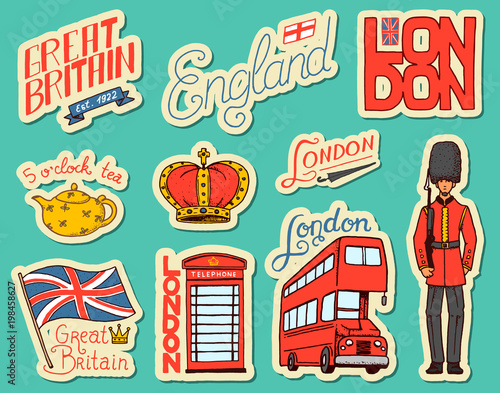 British vintage stickers, Crown and Queen, teapot with tea, bus and royal guard, London. Badges, stamps, emblems. United Kingdom. Country England label. 80s-90s Comic Style. Engraved hand drawn sketch