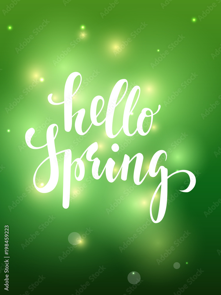 Spring. Hand drawn calligraphy and brush pen lettering on green blured background with bokeh. design for holiday greeting card, invitation, posters, sale, banners of the happy sping