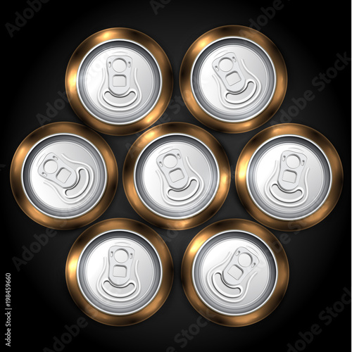 Realistic pack of 7 beer or soda can from the top, vector illustration