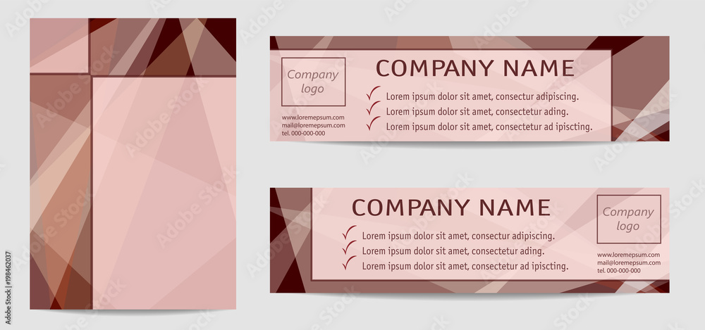 Brochure cover A4 and two banners in chocolate tones. Set of vector layouts, modern templates for book, magazine, poster, header, footer, flyer, portfolio. Geometric background with triangles. EPS10