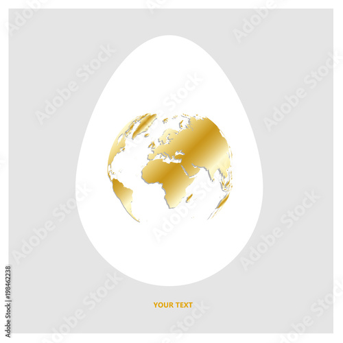 Flat Vector logo white egg with shining golden world map. Planet Earth in form of egg yolk on light gray background with copy-space for your text