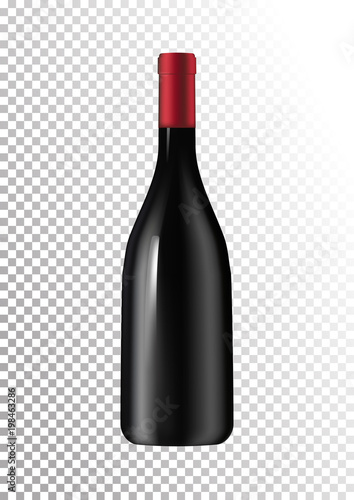 Vector illustration of a dark bottle of red wine in photorealistic style. A realistic object on a transparent background. 3D Realism.
