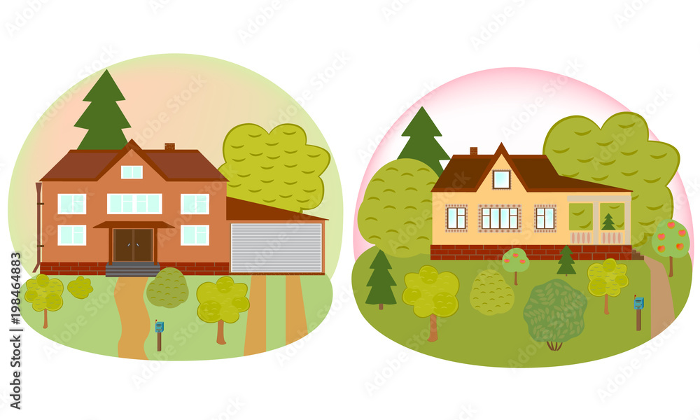 Houses. Beautiful home. Detailed colored cottages. House and trees. Vector illustration