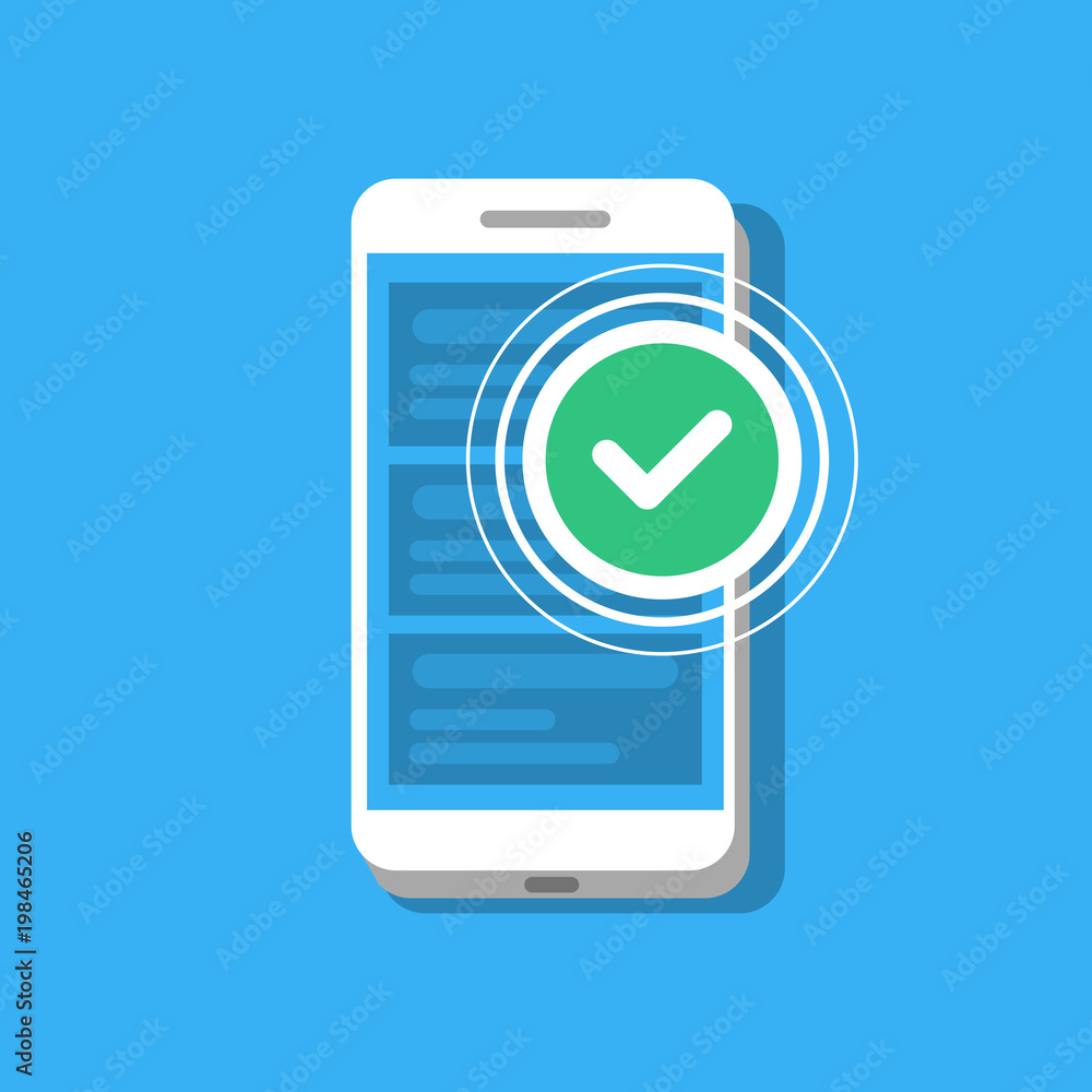 Check on mobile phone background. Concept of successful operation on smartphone. Sending or receiving message, payment, document. Vector Illustration in modern flat style. Check on mobile phone background. Concept of successful operation on smartphone. Sending or receiving message, payment, document. Vector Illustration in modern flat style.
