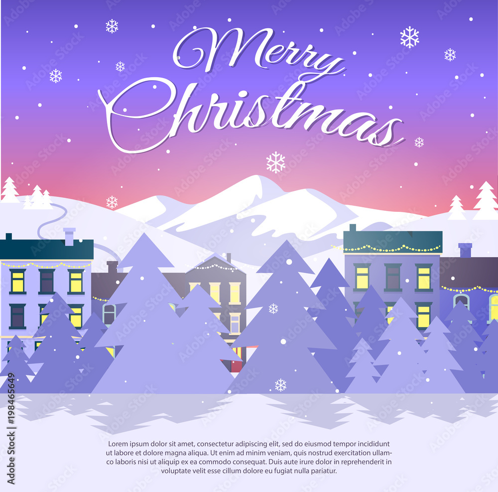 Postcard with Merry Christmas on City Background