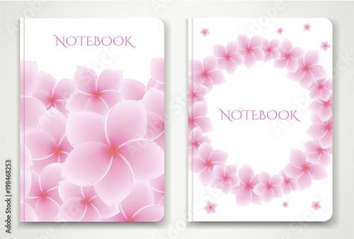 Cover designI of Notebook/ Planner with isolated Frangipani / plumeria flowers. Vector illustration on white background used foe book cover, brochure, booklet