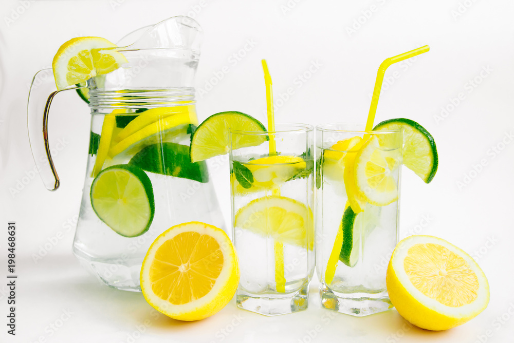 Summer refreshing drink with fruits. Side view Summer refreshing drink with fruits. Side view