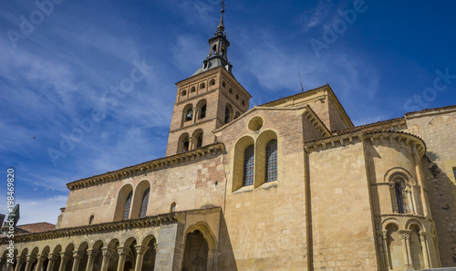 Exterior of a Romanesque style Christian church  City of Segovia  famous for its Roman aqueduct  in Spain