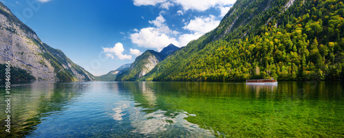Stunning deep green waters of Konigssee, known as Germany's deepest and cleanest lake, located in the extreme southeast Berchtesgadener Land district of Bavaria.