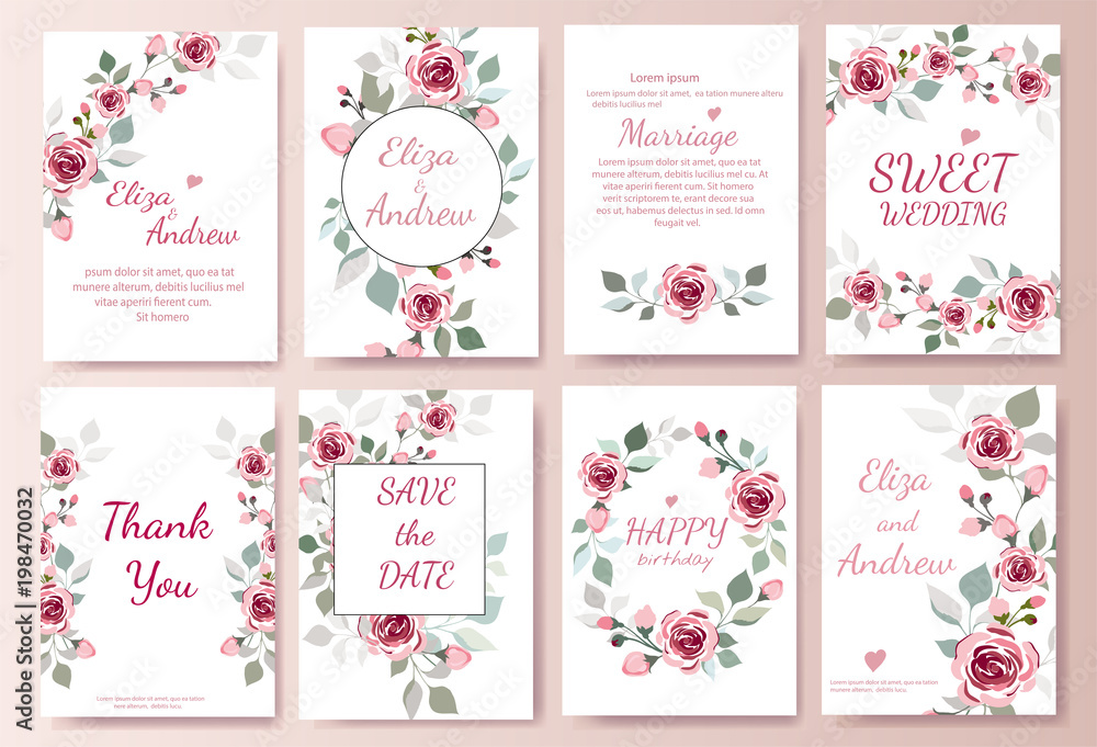 Set of card with flower rose, leaves. Wedding ornament concept. Floral magazine, poster, invite. Vector layout decorative greeting card or invitation design background