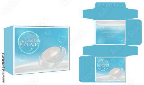 Packaging design, cosmetic cleanser, collagen soap box design template and mockup box. Illustration vector.