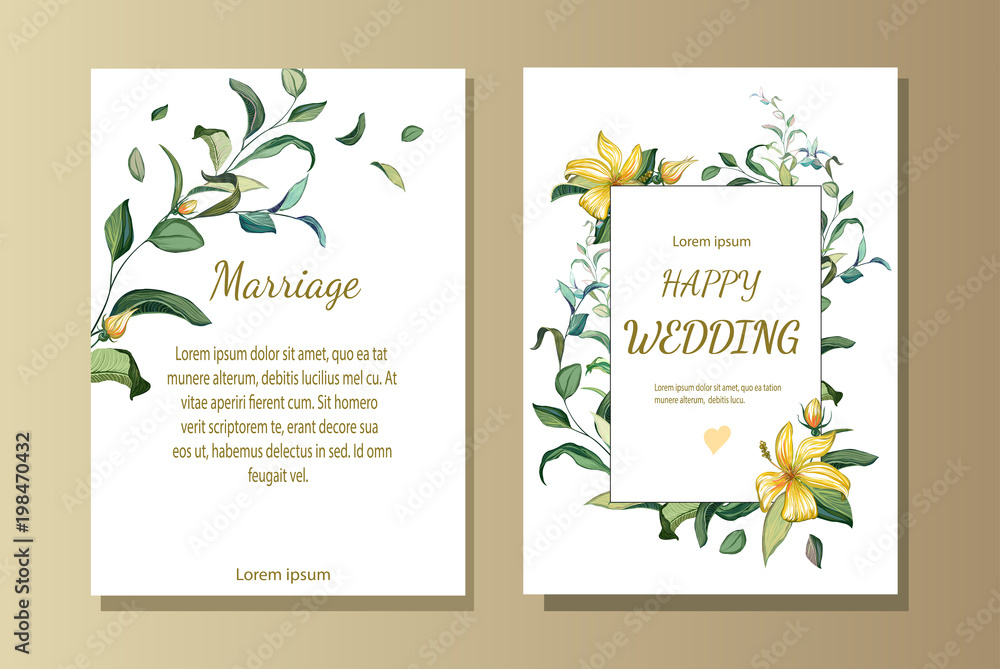Set of card with flowers, leaves. Wedding botanical ornament. Floral poster, invite. Vector decorative greeting card or invitation design background