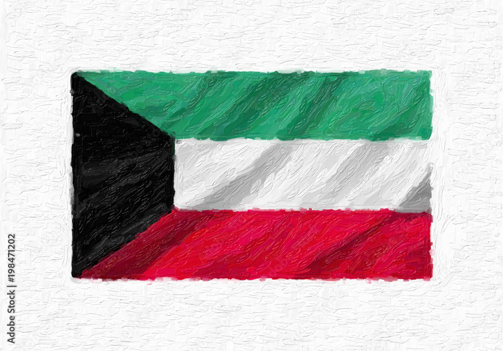 Kuwait hand painted waving national flag, oil paint isolated on white canvas, 3D illustration.