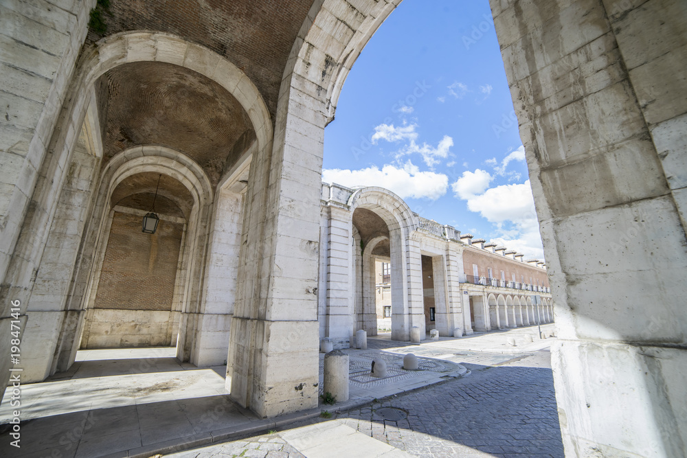 Old arcs, architecture. A sight of the palace of Aranjuez (a museum nowadays), monument of the 18th century, royal residence  Spain.