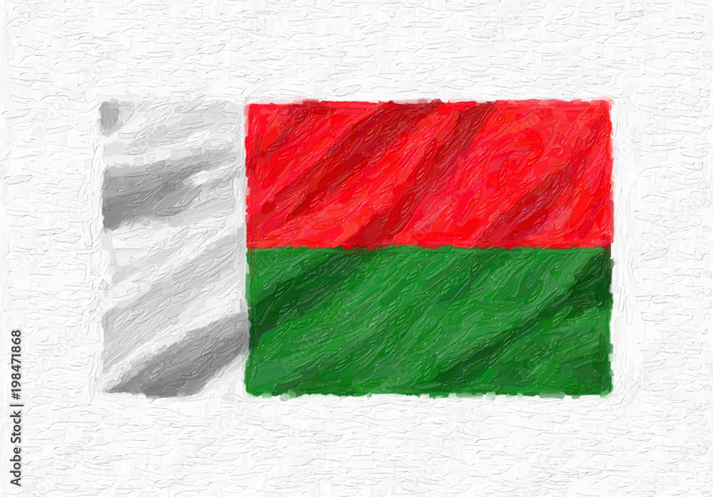 Madagascar hand painted waving national flag, oil paint isolated on white canvas, 3D illustration. Madagascar hand painted waving national flag, oil paint isolated on white canvas, 3D illustration.