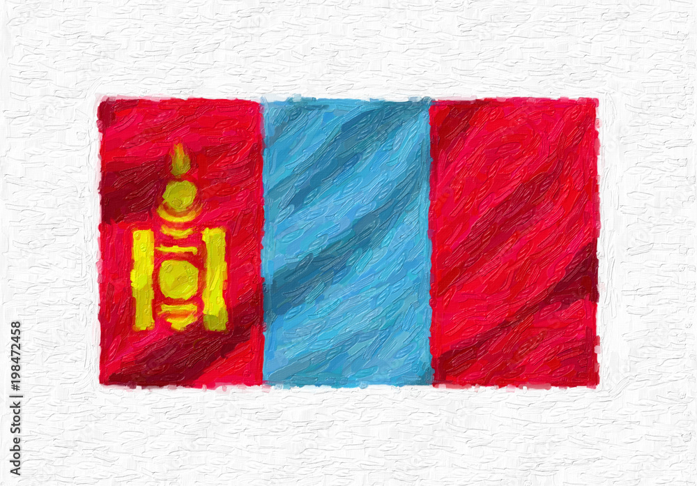Mongolia hand painted waving national flag, oil paint isolated on white canvas, 3D illustration.