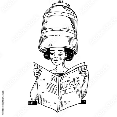 Woman with hair dryer engraving vector