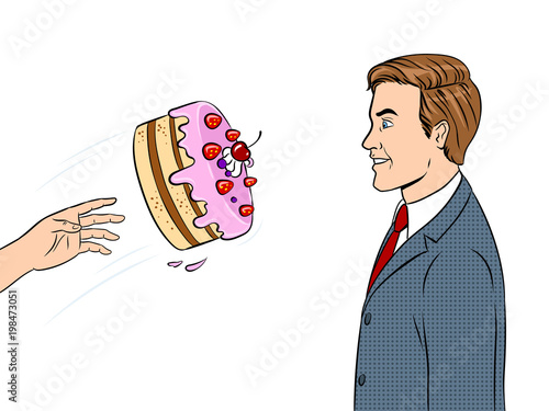 Cake is thrown in face pop art vector illustration